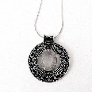 Vintage-Inspired Silver Tone Oval Crystal Pendant